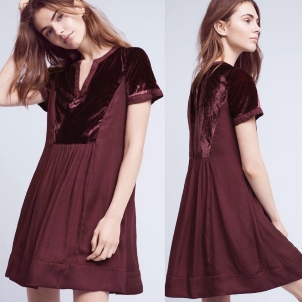 Anthropologie Maeve Elegant Velvet Burgundy Dress